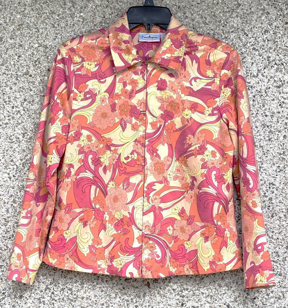 Patchington Petite Floral Jacket SP Small Pink Orange Cotton Zip Front Blouson